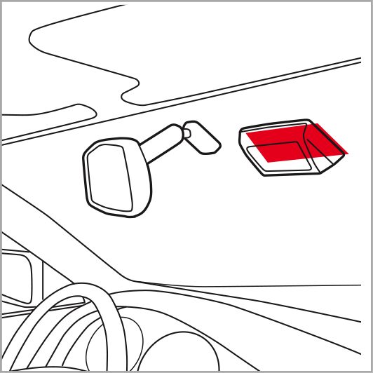 Line drawing of a vehicle interior with a red rectangle where 3M™ Dual Lock™ can be used for windshield attachment
