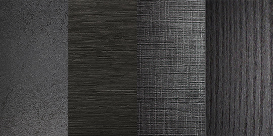 Four finishes, in dark gray textures, for overlaminate options.
