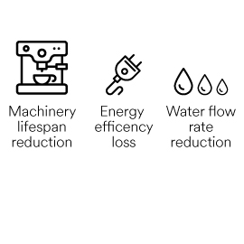 Icon image describing potential consequences of equipment's lack of efficiency including machinery lifespan reduction, energy efficiency loss and water flow rate reduction if cartridges aren't replaced as recommended.