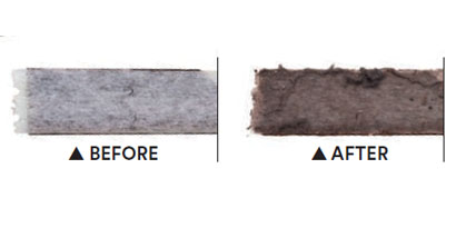 A before-and-after shot of 3M™ Easy-Trap™ Sweep and Dust Sheets shows the after sheet with much dust and dirt on it.
