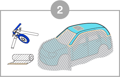 Product application image of the body of a car top with masking film for 3M mask front and windshield.
