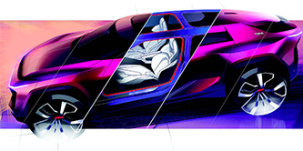 A purple sports sedan showing the white interior seats in the middle.
