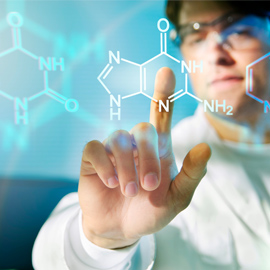Man touching molecular structure on screen.