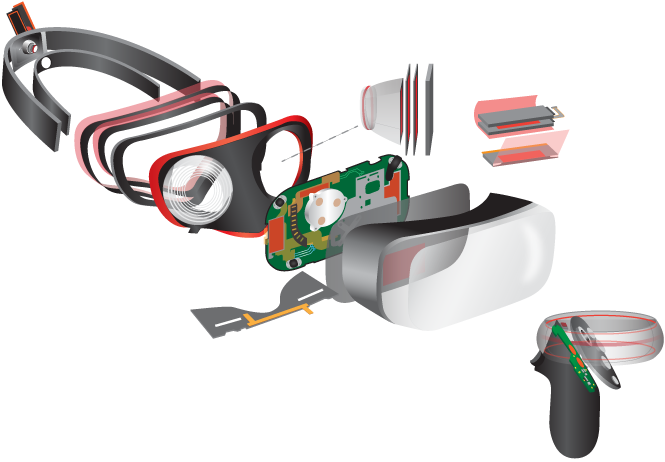 an exploding view diagram of an AR/VR (augmented reality/virtual reality) headset and the assembly and internal electric components.
