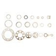 Overhead image of Friction Shims layed out showcasing their lightweight design and large variety in application and sizes.