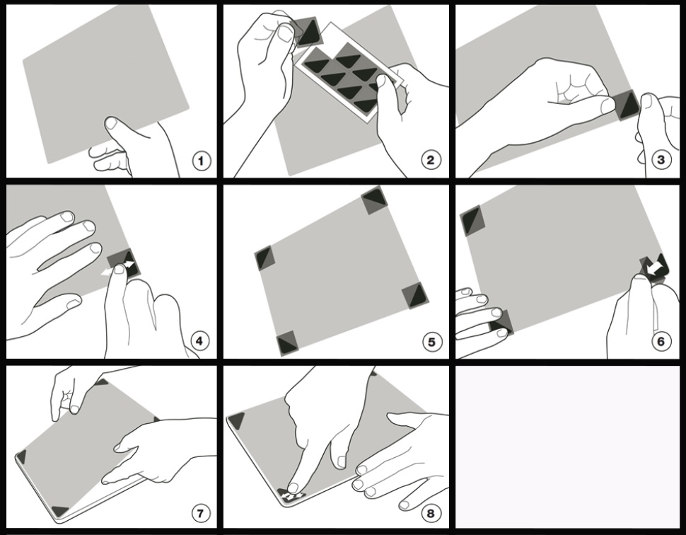 Instructional illustration of corner tab installation