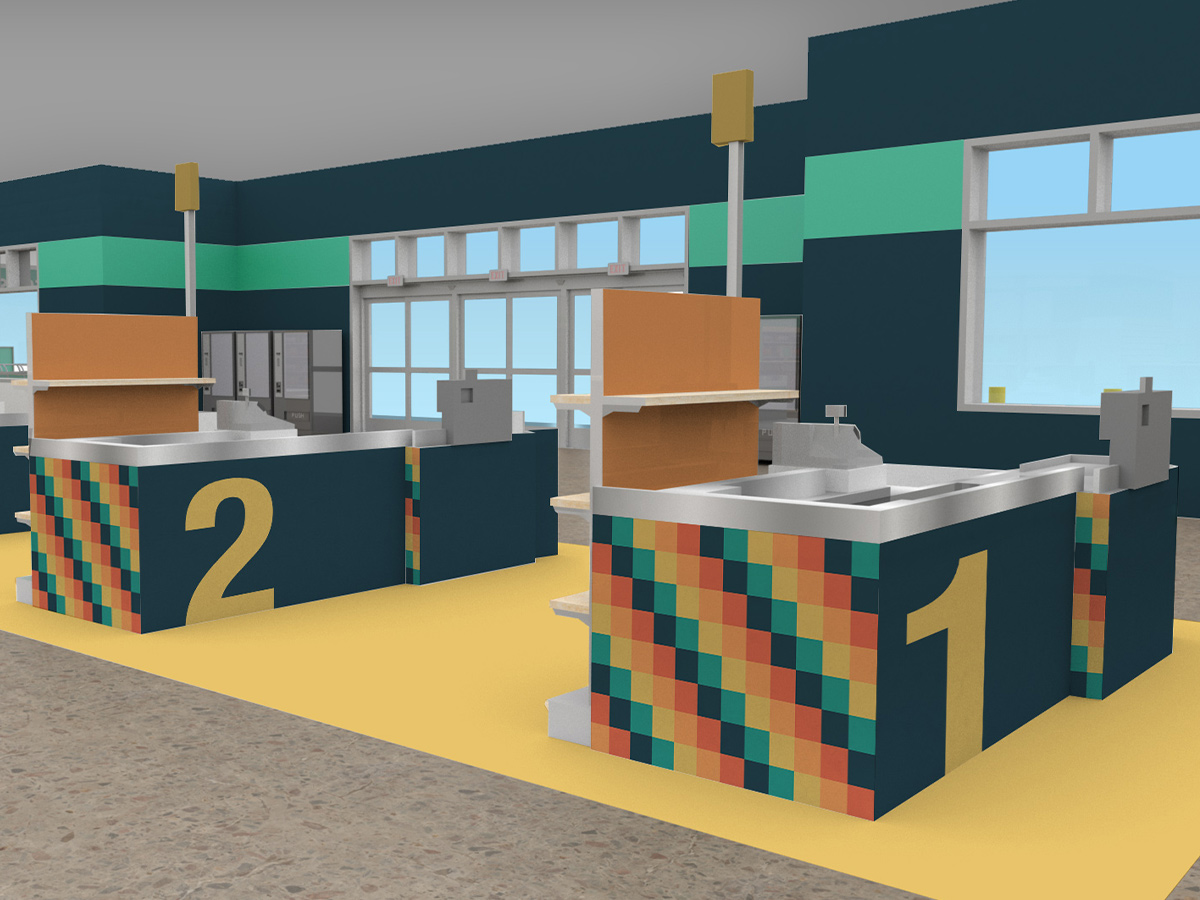 Illustration of retail checkout stations with colorful wraps and large numbers.
