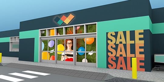 Illustration of exterior of retail space with the word “sale” repeated and an image of a woman.
