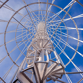 Worm’s eye view of large telecom station antenna