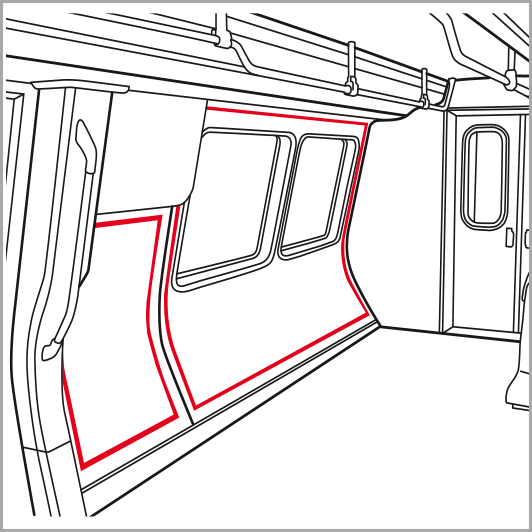 Line drawing of a mass transit interior with red lines where 3M™ Dual Lock™ can be used for panel attachment
