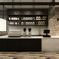 A restaurant counter’s finishes are clean and modern.