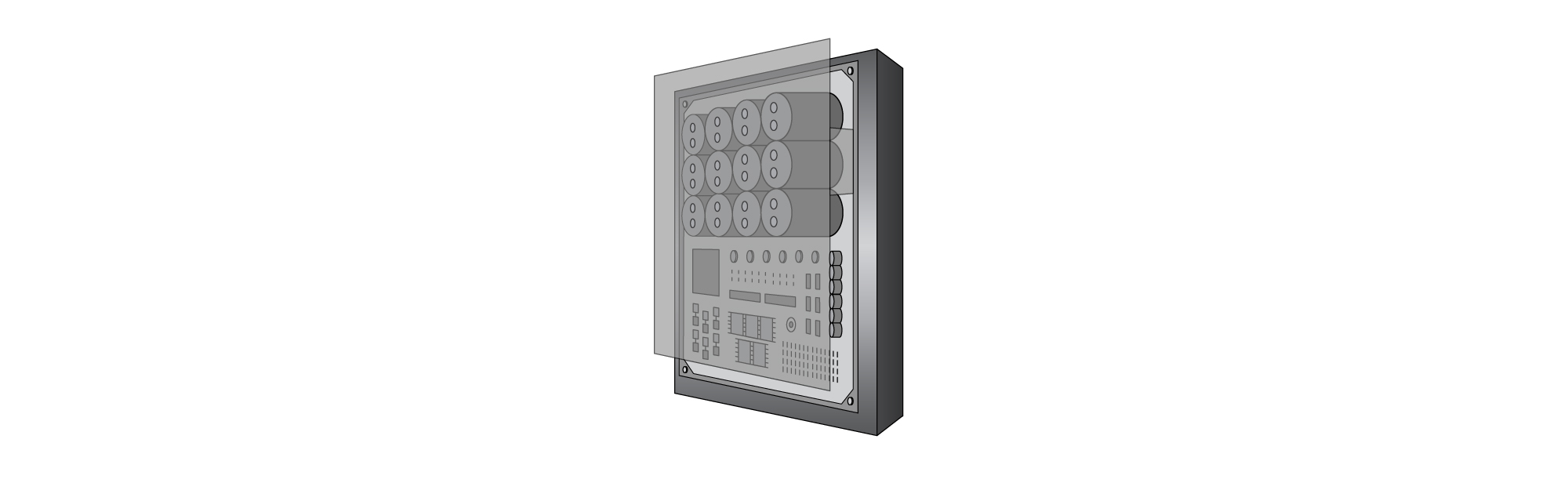 Greyscale Illustration of a EV & HEV powertrain inverter spotlighting various 3M solutions across the electronics board.
