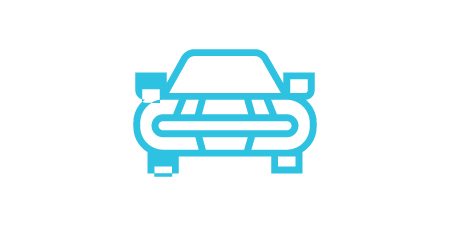 防止冲击、振动和噪音的图标，图中有一辆车的前部。
