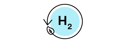 ﻿绿色氢气（绿氢）图标，图案为氢气环绕着一片叶子。
