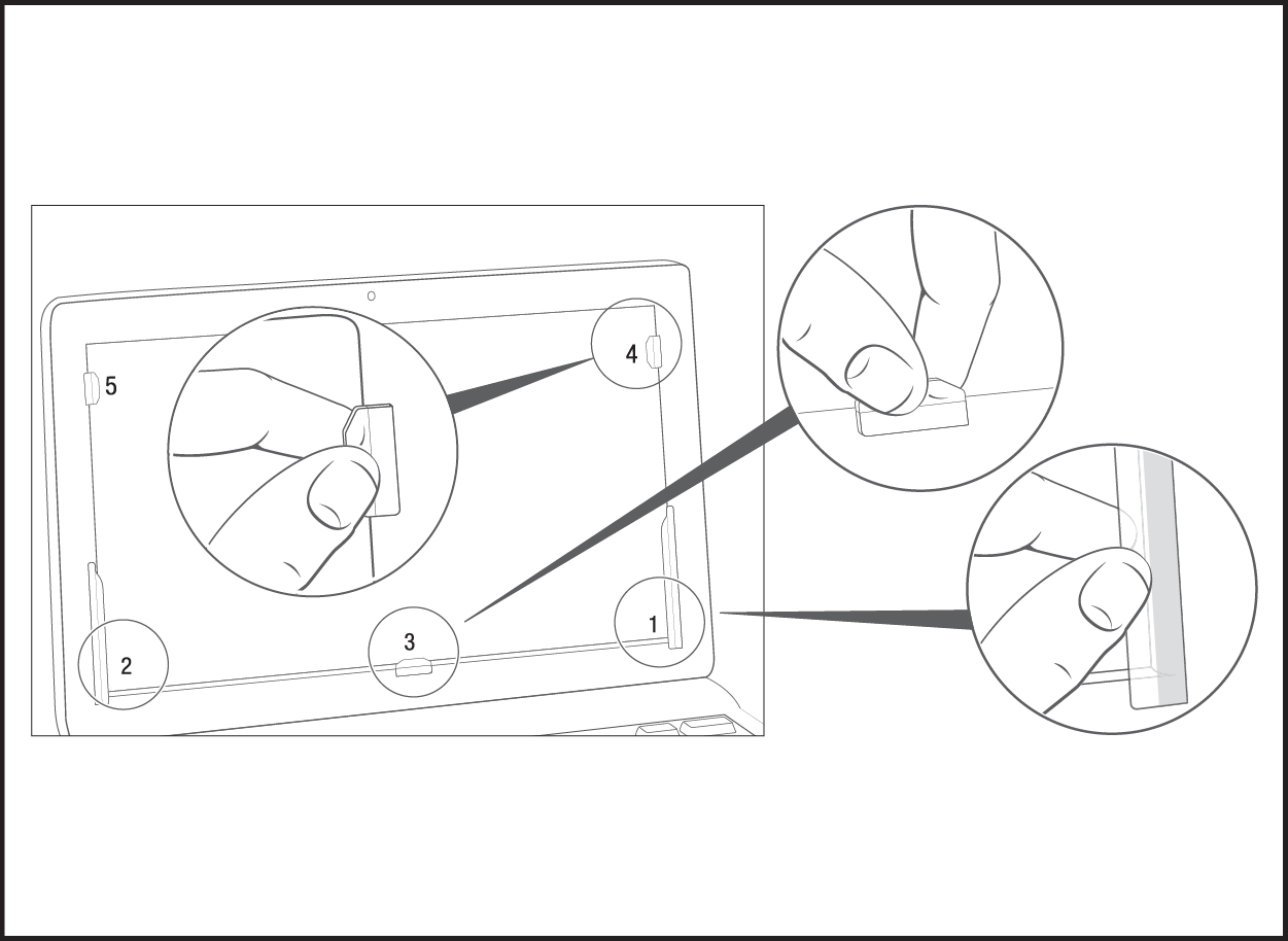 Illustration of slide mount tabs positioned and adhered to bezel around computer screen