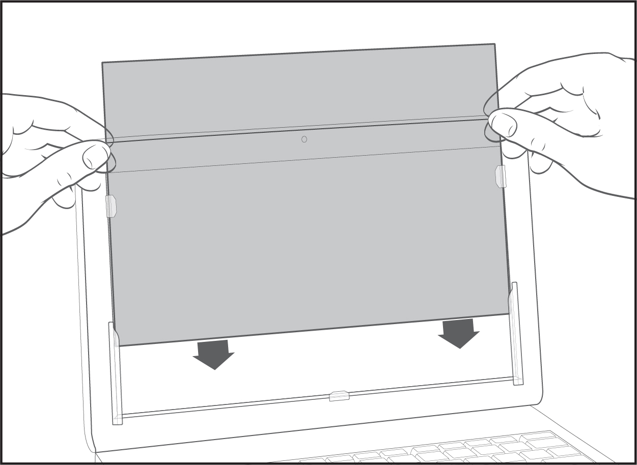 Illustration showing how to attach privacy filter to screen by using slide mount tabs