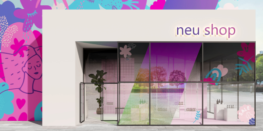 Illustration of retail spaces with colorful wall wraps and wayfinding signage.
