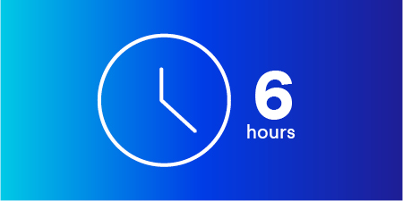 white icon on blue background showing a clock with six hours
