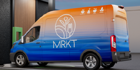 印有 MRKT标志的品牌化厢式货车，演示 3M 的车队车身广告与画面装饰解决方案。
