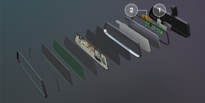 后视镜爆炸图，显示 3M EMI 吸波材料和 3M 导电胶带的使用位置。

