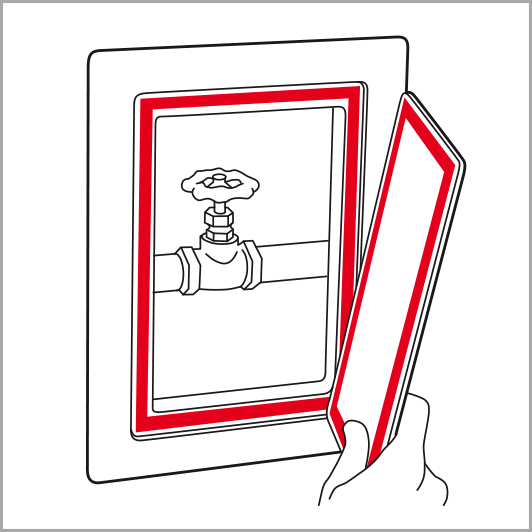 Line drawing of a pipe valve access panel with red lines where 3M™ Dual Lock™ can be used for panel attachment
