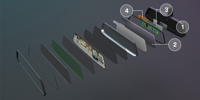 后视镜爆炸图，显示 3M™ 热导界面胶带、3M™ 热导界面垫、3M™ EMI 吸波材料和 3M™ 导电胶带的使用位置。
