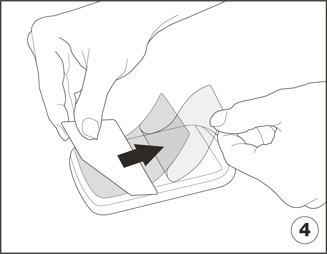 Illustration of applicator pressing down to attach screen protector to device