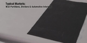 Video still of a fabric-covered metal sheet with text “Typical Markets: Wall Partitions, Dividers & Automotive Interiors”
