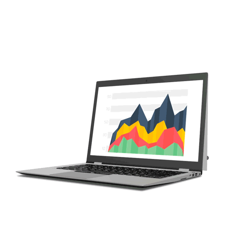 Animated graphic displaying laptop screen with data as comply privacy filter from 3M flips over the screen to block side views from others