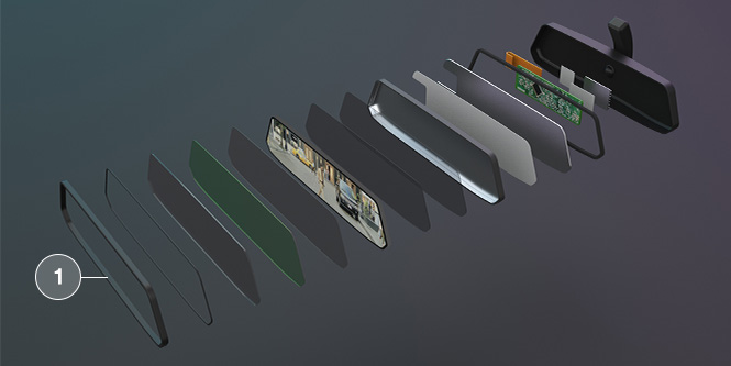 3M显示粘合爆炸视图，显示3M™薄粘合胶带、3M™VHB™胶带和带有3M™结构粘合胶带的镜子按钮的使用位置。
