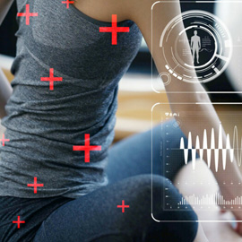 close up of woman sitting on floor in yoga pose with sports tech data over image.