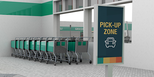 Illustration of grocery store cart area and sign reading “pick-up zone” with image of car.
