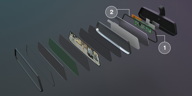 3M 缓冲和阻尼爆炸图，显示以下列出的各种 3M 产品在 eMirror 中的使用位置。
