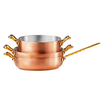 Three copper pans stacked on one another.