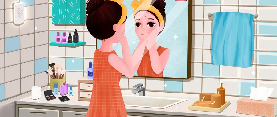 烦恼脸上长出青春痘(痤疮)的女子