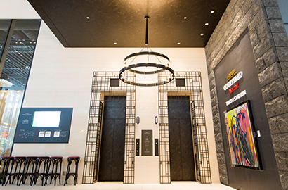 A retail space with stone architectural finishes.