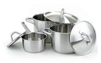 Three stainless steel pots and lids.