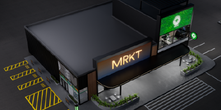 印有 MRKT标志的品牌化厢式货车，演示 3M 的车队车身广告与画面装饰解决方案。
