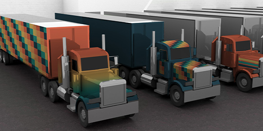 Illustration of semi-trucks with colorful fleet vehicle wraps.

