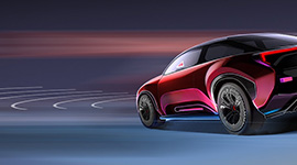 显示传感器控制技术的红色轿车和向外指向的传感器。