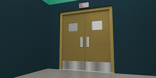 Illustration of double doors with exit sign above.
