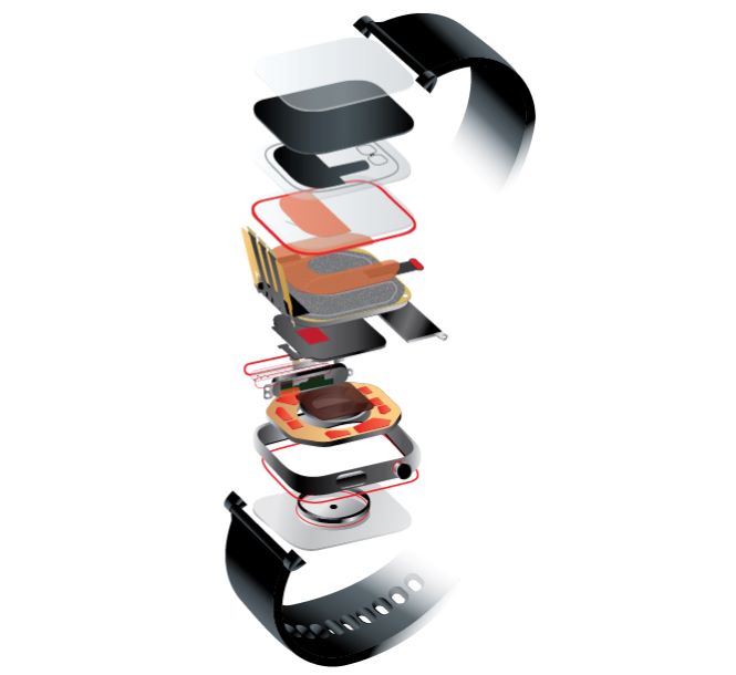 to the left, a photo of a smart watch. To the right an exploding view diagram of a smart watch showing the assembly and internal electric components.
