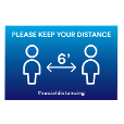 blue graphic featuring social distancing icons and verbiage